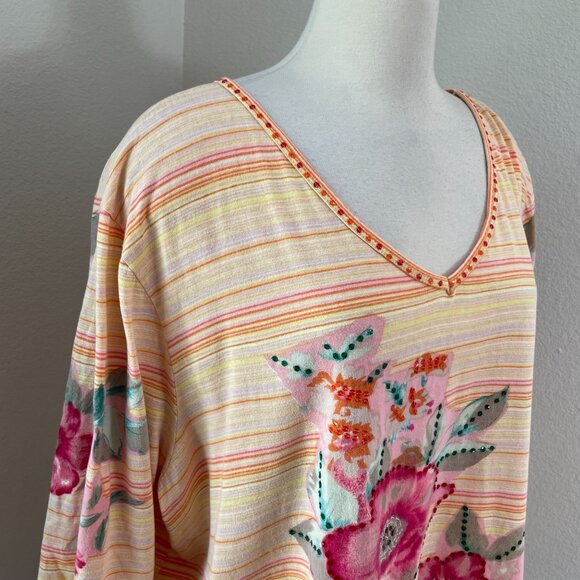 Liz & Me Womens Plus 2X Striped Floral Cotton V Neck Top 3/4 Sleeve Shirt - Picture 2 of 10